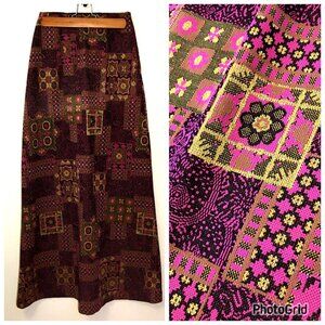Vintage 60s Maxi Skirt Gold Metallic Purple Fuscia Pink Boho Hippie (T9)
